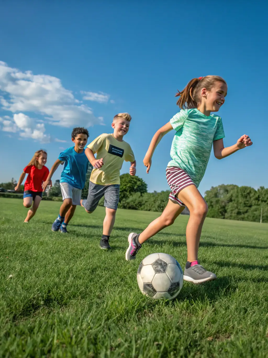 Action shot of children participating in a soccer clinic, wearing ESCCC branded jerseys, with coaches guiding them on a sunny field.