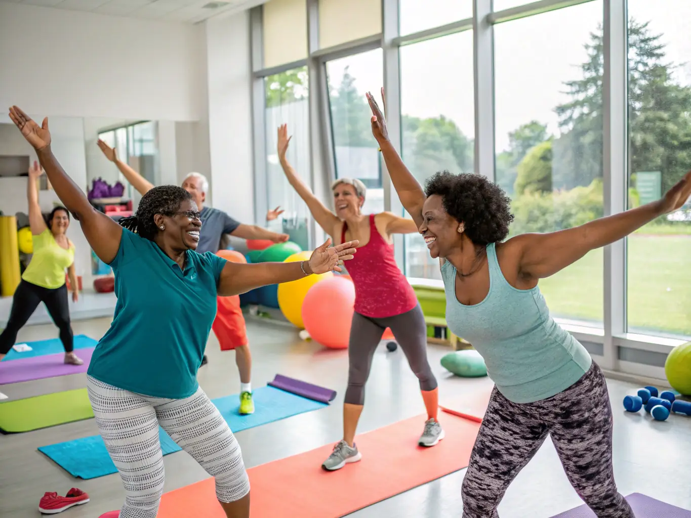 An image of adults participating in a fitness class in Cour-Cheverny, with a focus on teamwork and encouragement.
