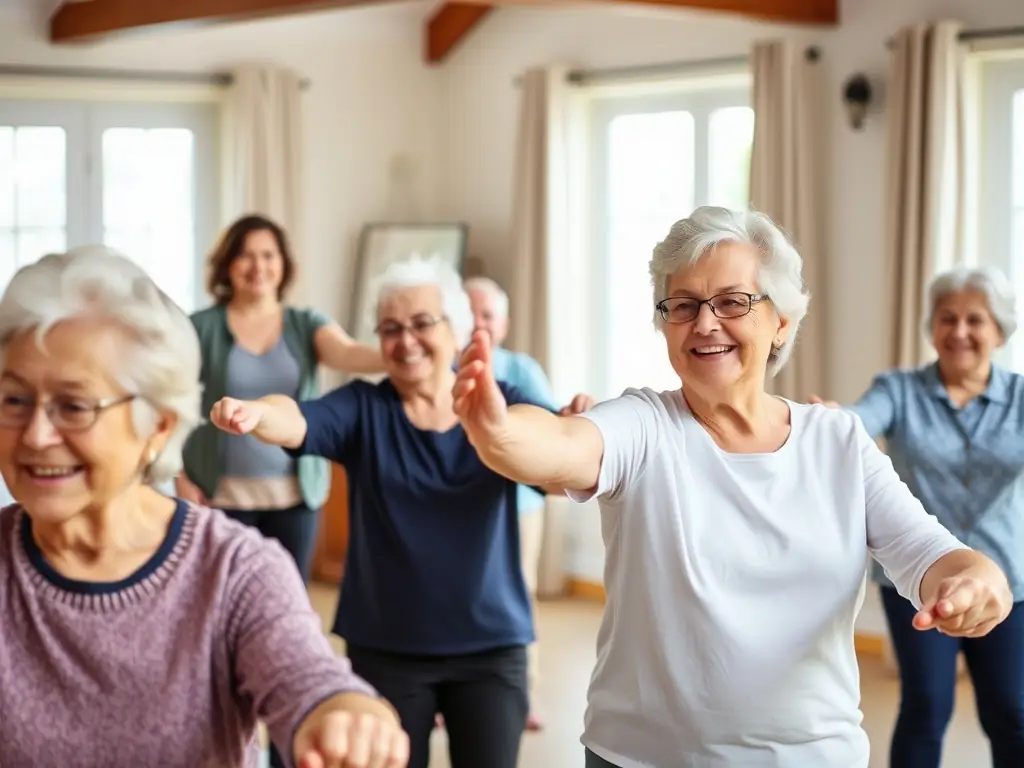 An image of senior citizens enjoying a gentle exercise session in a community center in Cheverny.