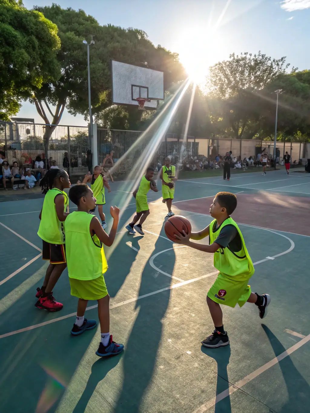 Image of participants in a basketball game at the local community center, showcasing teamwork, skill, and the spirit of friendly competition.